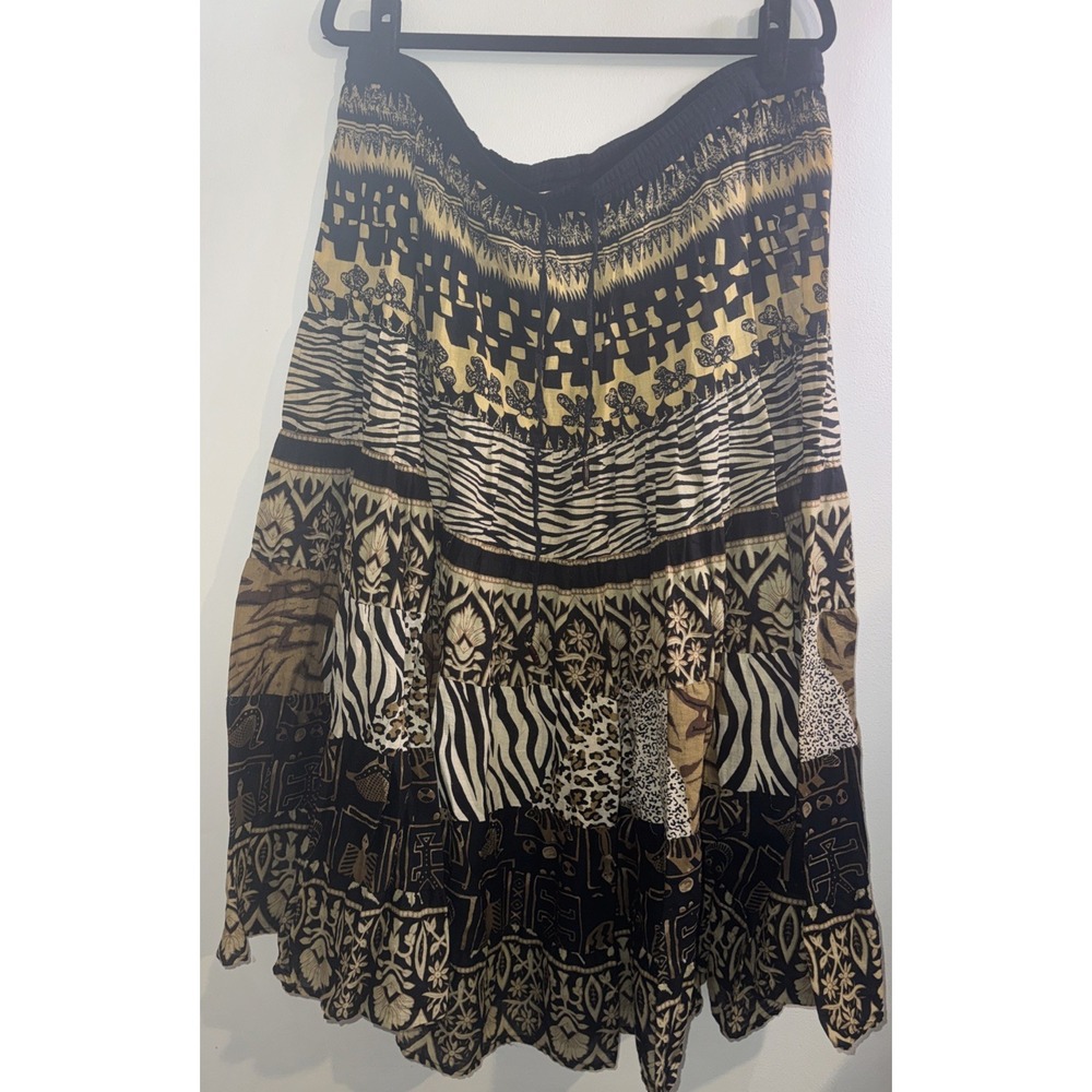 Vtg Whitestag Sz M Brown Patchwork Animal Tribal Print Maxi Skirt Boho Hippie
